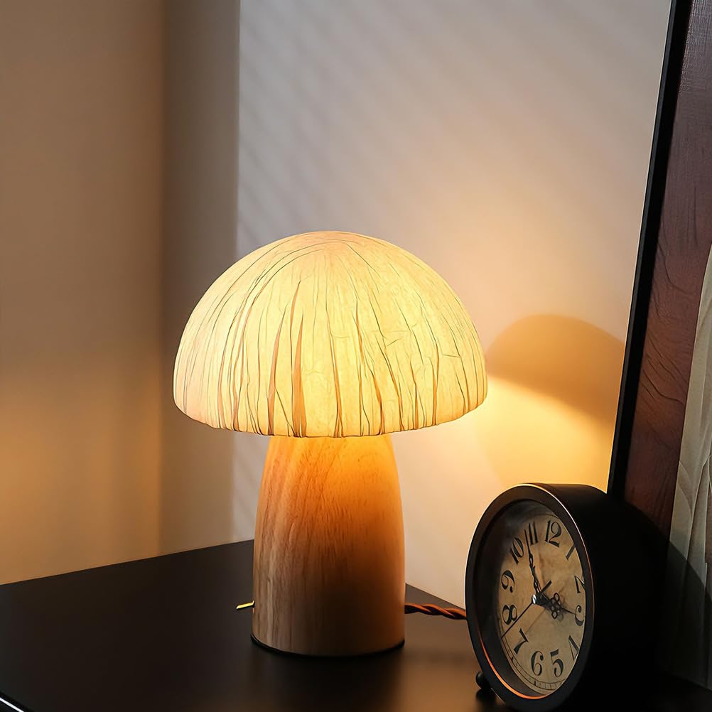 Lampada da Tavolo Fungo Paralume Carta Base Legno Comodino