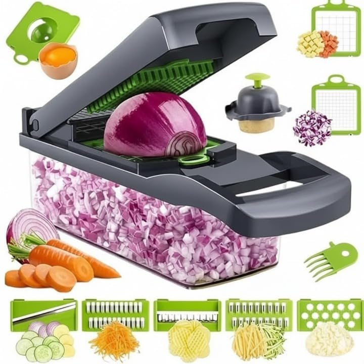 Image of Multi-Functional Vegetable Chopper (14-in-1 /22-in-1) | Food Cutter with Interchangeable Blades, Storage Container, Onion Chopper, Slicer, Dicer, Grater | Kitchen Tool (14 in 1 Multipurpose Chopper)