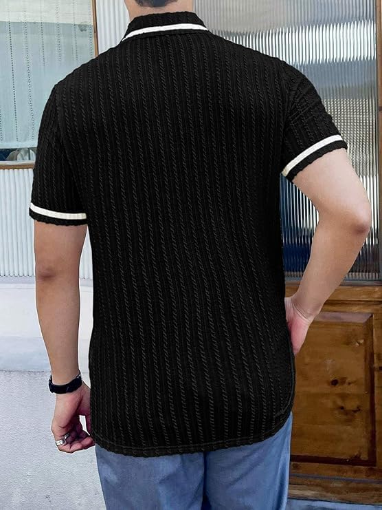 Image of GRECIILOOKS Polo T Shirt for Men | Textured Polo T Shirts for Men | Smart Casual Half Sleeve Mens T-Shirt, Breathable Cotton Knit Collar T Shirts
