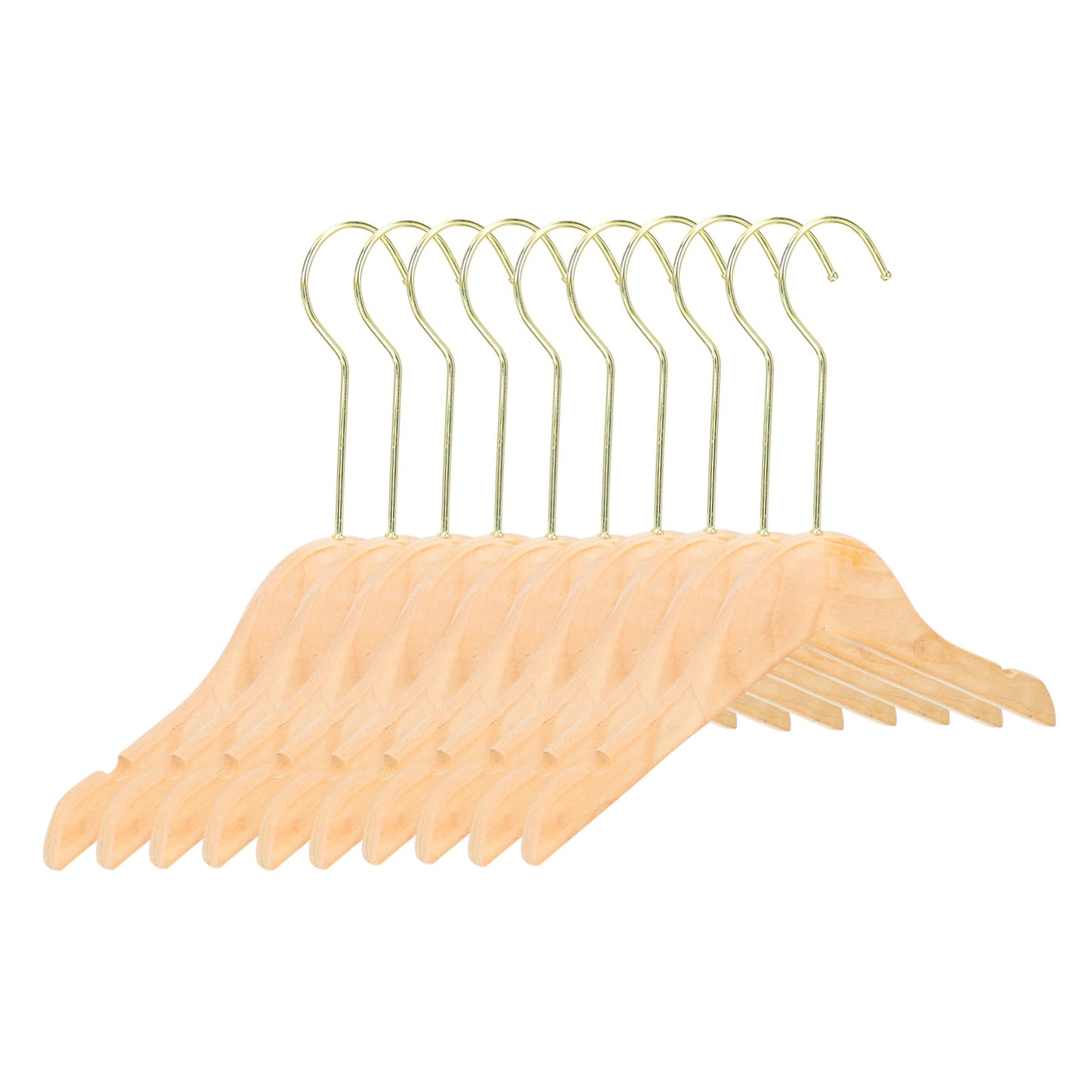 10 Perchas Infantiles de Madera sin Pintura, Gancho Dorado, Antideslizantes, Seguras para Ropa de Niños y Abrigos