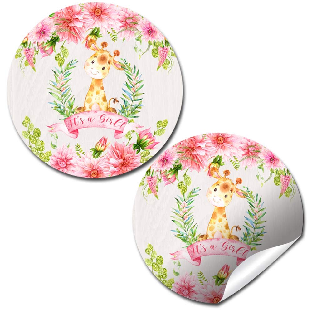 Watercolor Dahlia Floral Giraffe-Themed Baby Sprinkle Baby Shower for Girls Thank You Sticker Labels, 40 2" Party Circle Stickers by AmandaCreation,