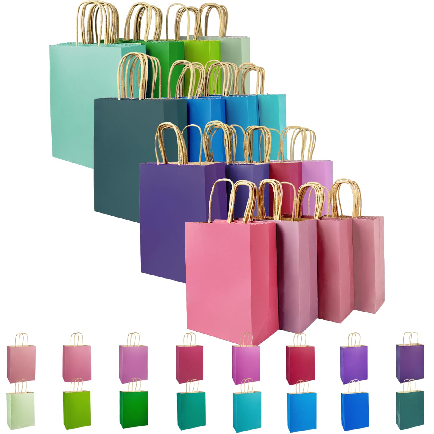 qiqee 32-Packs Paper Bags with Handles Bulk 8.26"×6"×3.15" Small Gift Bags 16 Different Senior Light Color Bags Multiple Uses（Small Size）