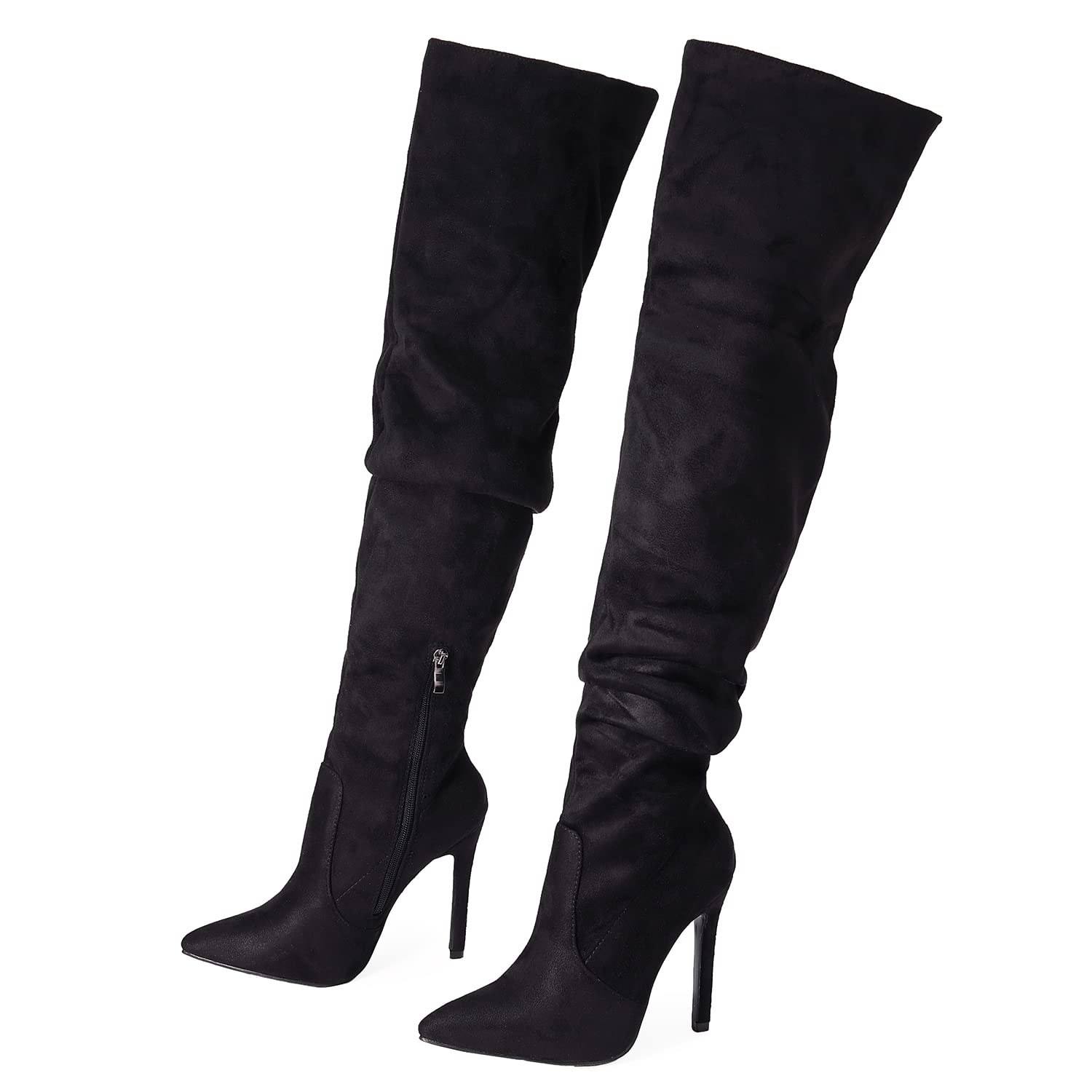 Womens Solid Slouch Block Heel Pointed Toe Over The Knee Boots