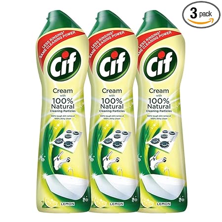 Cif Lemon Surface Cleaner Cream for Kitchen & Bathroom |100% Dirt & Grease Removal With Natural Cleaning Particle For Shiny Surface | Imported |3x500 ml, Yellow