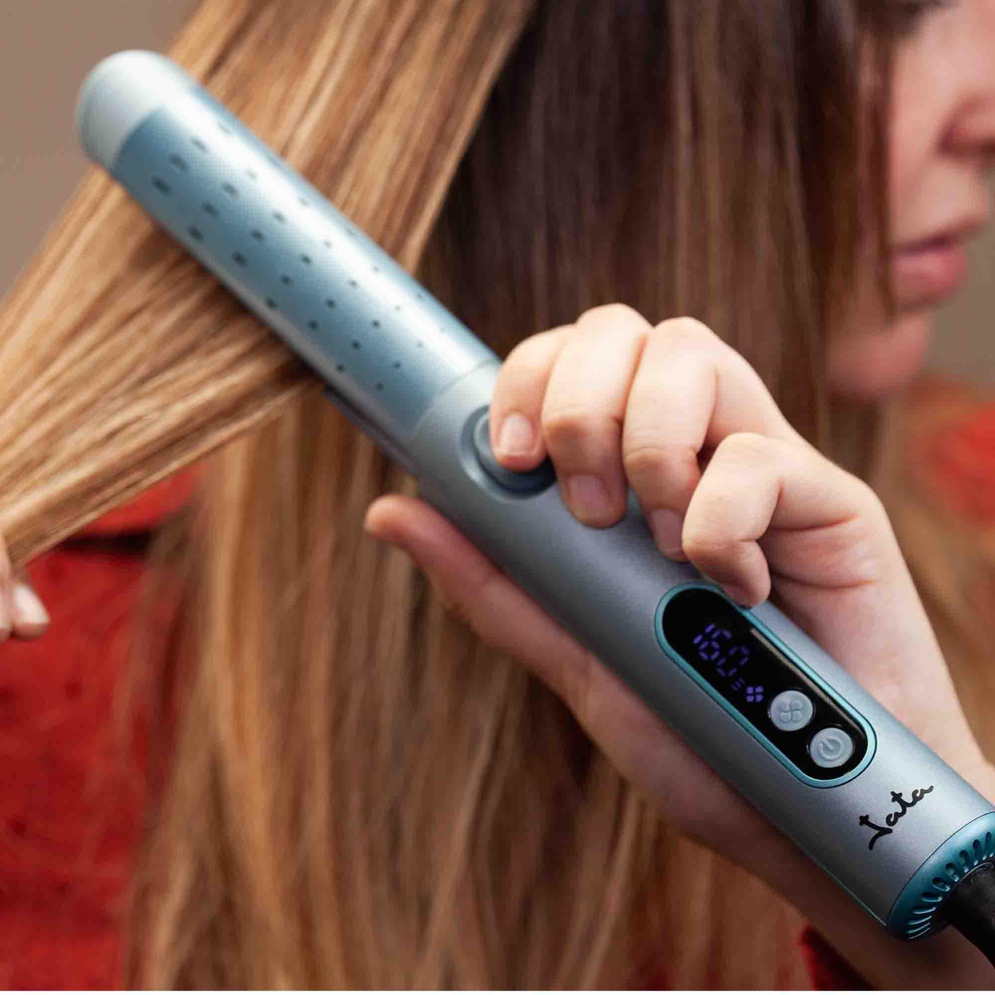 JATA JBPP1588 - Plancha de Pelo y Rizador con Aire, Tecnología Cool Air, Placas Cerámicas Flotantes, 4 Temperaturas 140-200ºC, Alisador y Rizador Profesional