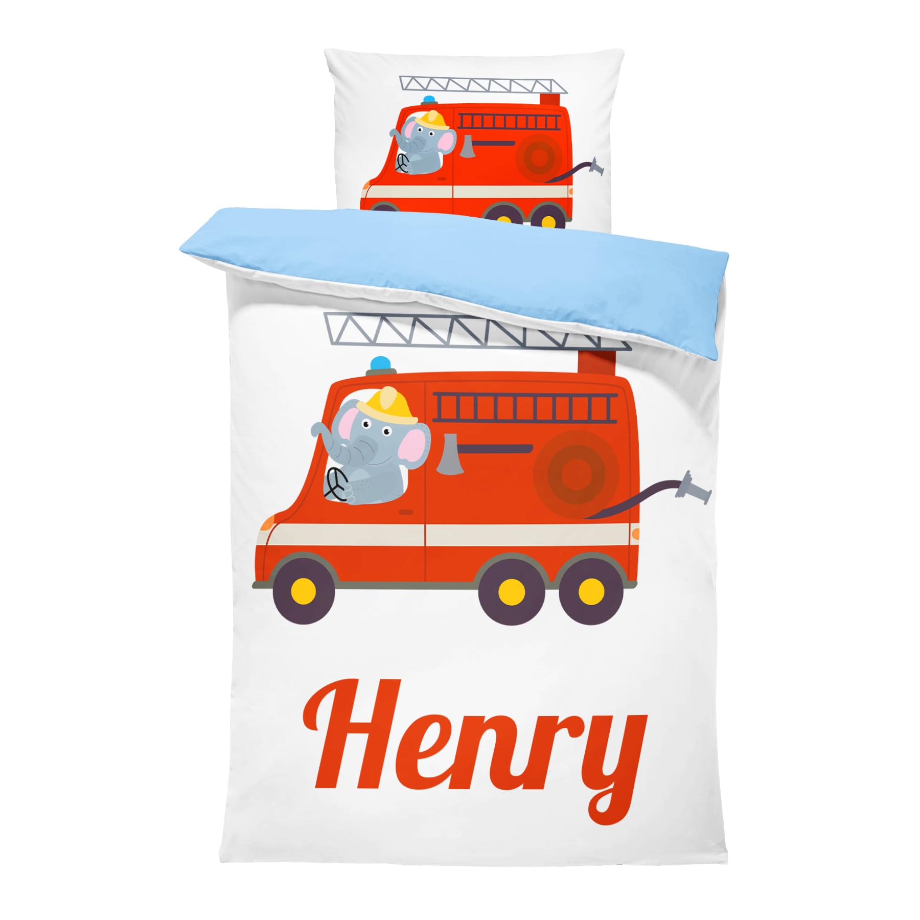 Ensemble de Parure de Lit Personnalisable avec Nom pour Bébé et Enfant - Camion de Pompier - Housse de Couette Zippée et Taie d'oreiller Incluses - Cadeau Unique. 100 x 135