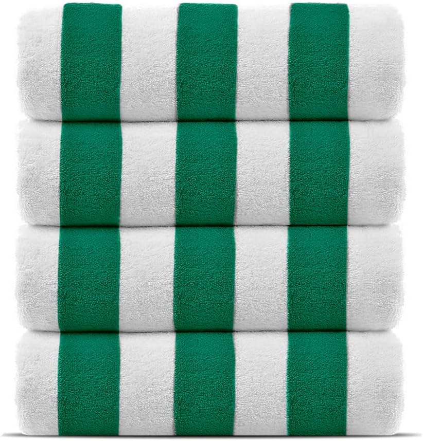 Beach Towel | 100% Cotton Cabana Stripe Beach Towels 60 x 30 Inch| Quick Dry, Lightweight Pack of 4 Large Bath Towel for Beach, Pool, Bathroom, SPA,Gym,Yoga and Beach Blanket|Green Green 30x60