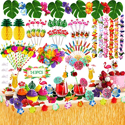 MULEVIP 143 unidades havaiano Luau saia de mesa conjunto de decoração, saia de mesa havaiana de 9,6 FT com Hawaiian Lei flor grinalda e ananás 3D, havaianas decorações de mesa de festa Tiki de verão