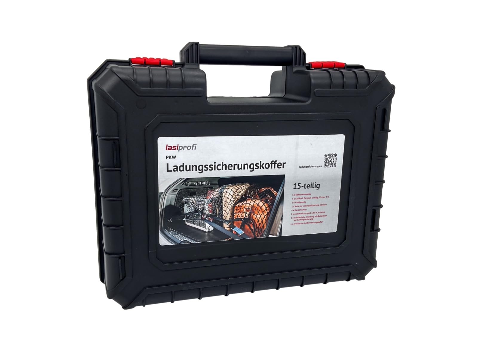 PKW Ladungssicherungskoffer Set 15-teilig Spanngurt mit Ratsche, Ladungssicherung, Abdecknetz, Antirutschmatte