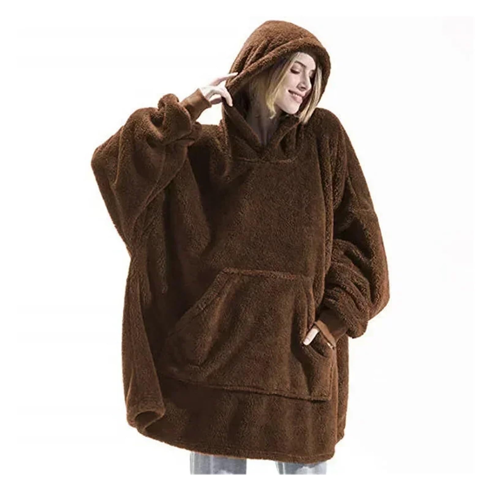 Batamanta Invierno con Capucha suéter Manta Mujer Manta Polar de Gran tamaño con Mangas Bolso Grande cálido Grueso TV Bata con Capucha Pareja(Style A-Brown)