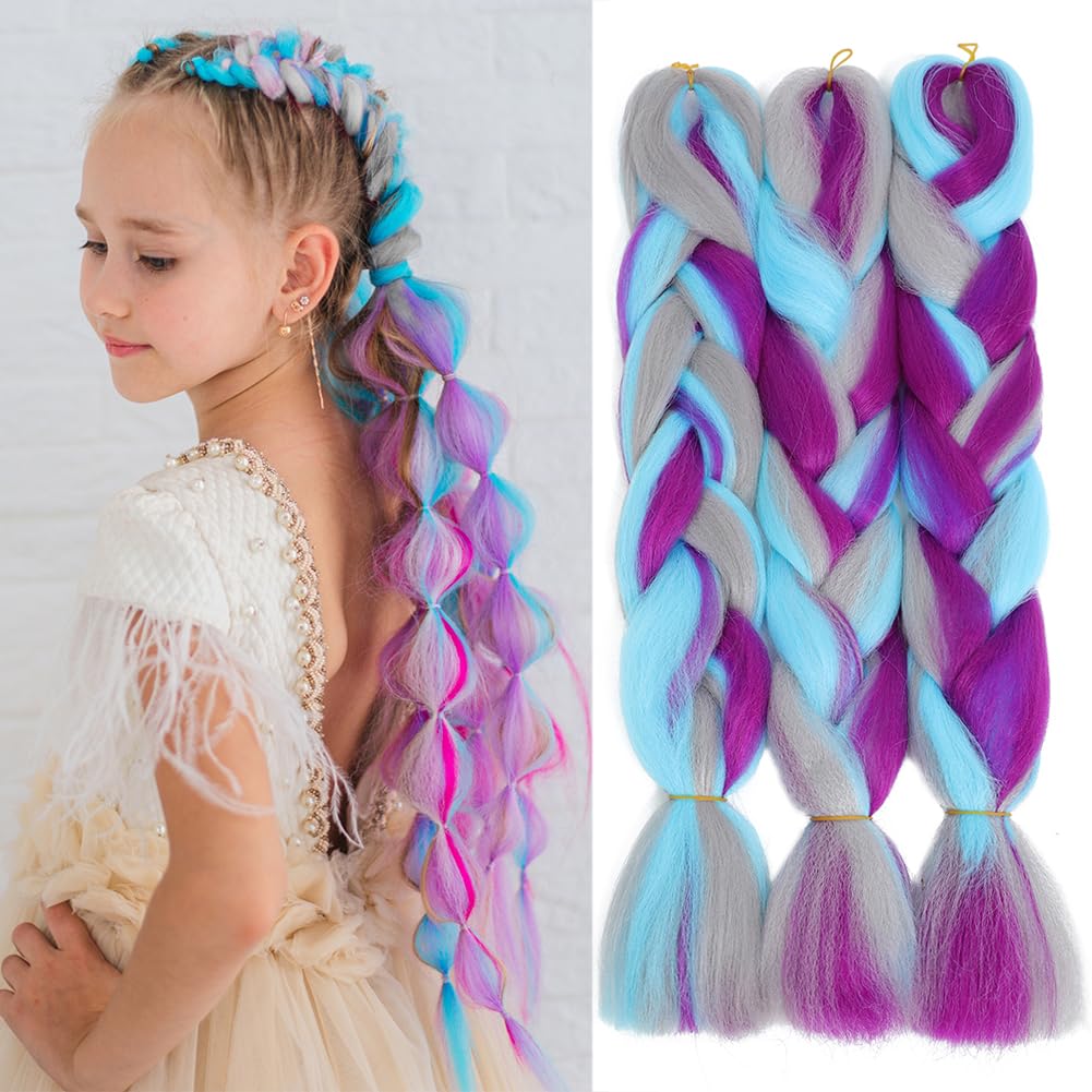 Photo 1 of Rainbow Braiding Hair Extension 24 Inch 3 Packs Synthetic High Temperature Jumbo Braid in Hair Extensions Profession Crochet Colored Hair Extensions for Braiding(Purple/Blue/Grey) 24 Inch Purple/Blue/Grey