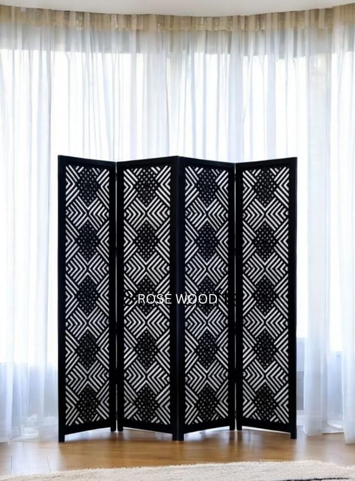 Image of Wooden Room Divider 6 Feet, 4-Panel Folding Wooden Partition for Living Room, Office, Pooja Room, Restaurant, Kitchen & Balcony (2W x 1.82H Meters). (Black-Lattice Pattern)
