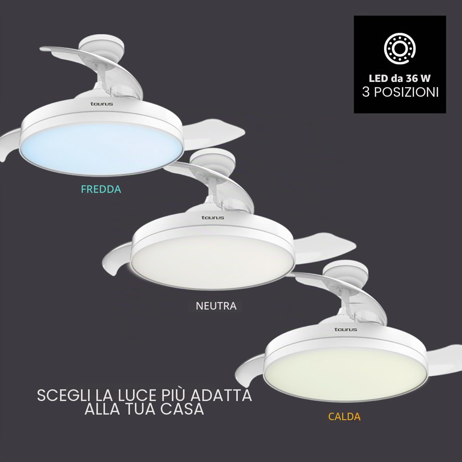 Taurus – Ventilatore da Soffitto con Luce Fresko Hide&Go | 3 Pale | Ultra silenzioso | Timer 8h | 6 Velocità | Telecomando | Programmazione | Motore DC | Bianco