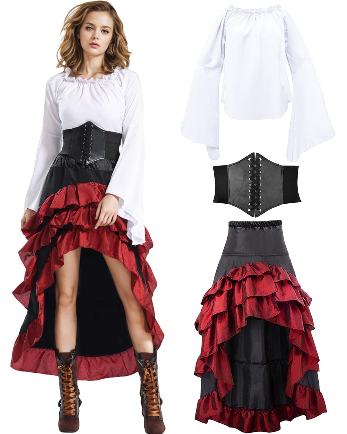 Vercico Pirate Costume Adult Women Medieval Pirate Fancy Dress Retro Elastic Waistband Corset