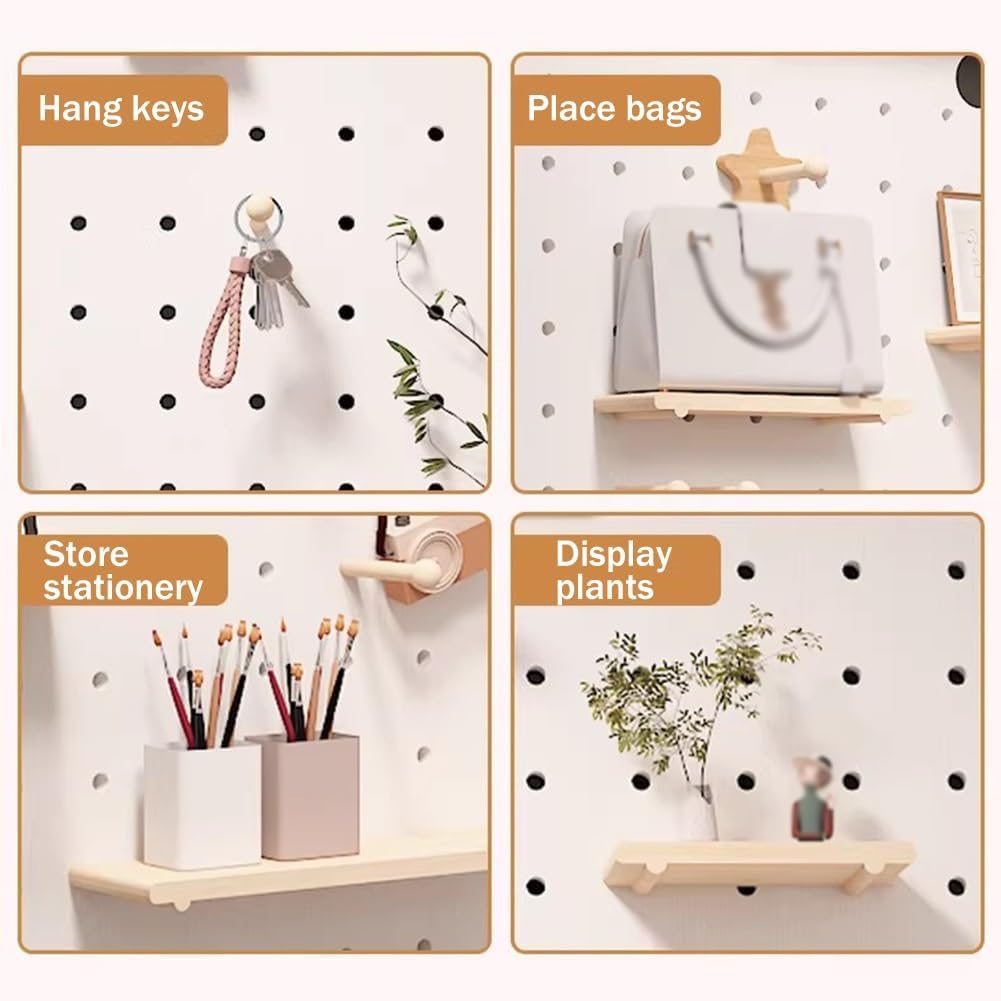 Modular Wooden Pegboard Wall Organizer Kit with Hooks & Shelf - Versatile Storage Solution for Garage, Office & Home - 30x120cm White Hanging Accessories