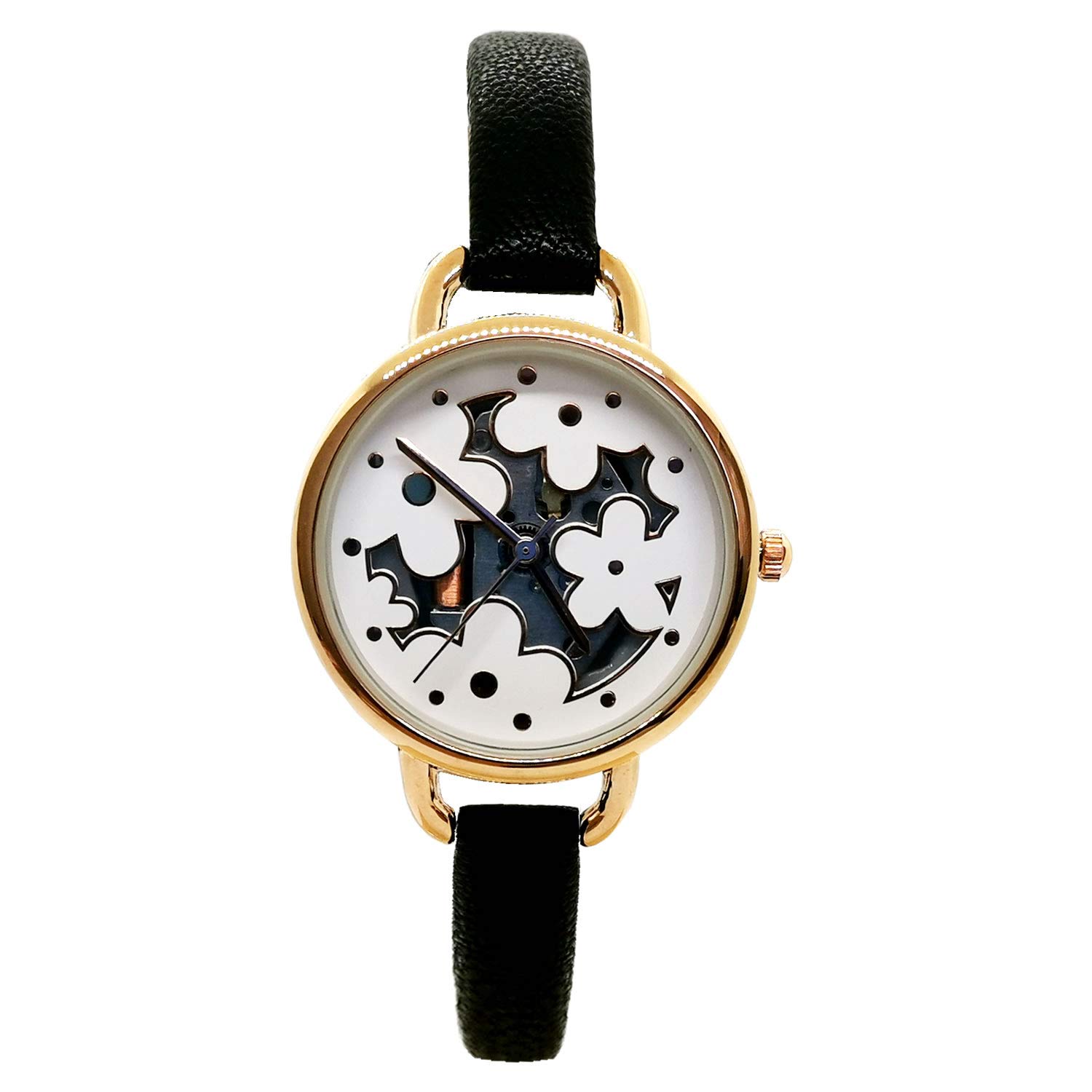 ChronomartNafisa Women's Small See Through Flower Dial Stainless Steel Black Leather Strap Wrist Watch NA-0209