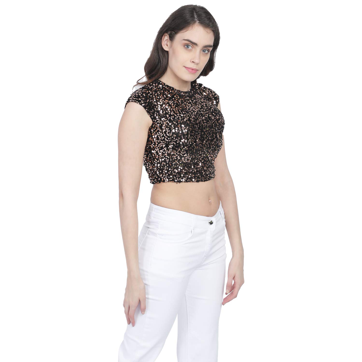 Matelco Women's Embellished Bustier Top/Crop Top with Back Zip (X-Small, Black & Brown) - Image 4 thumbnail