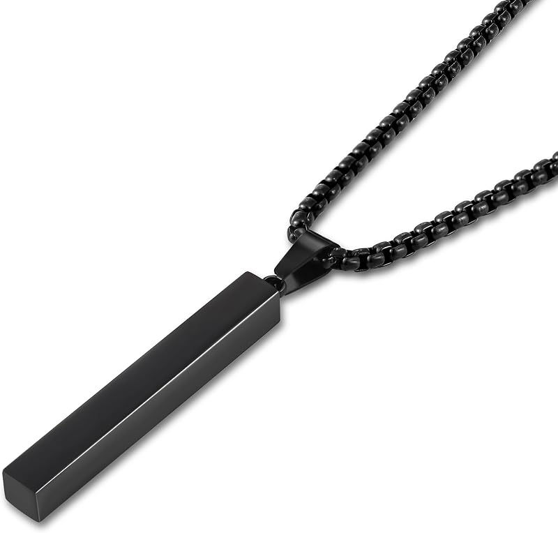 Fiusem Pendant Necklace for Men, Stainless Steel Bar Chain | Silver Tone/14k Gold Plated/Black Mens Pendant Necklaces with 2.5mm Box Chain, Jewelry Gifts 18-28 Inch