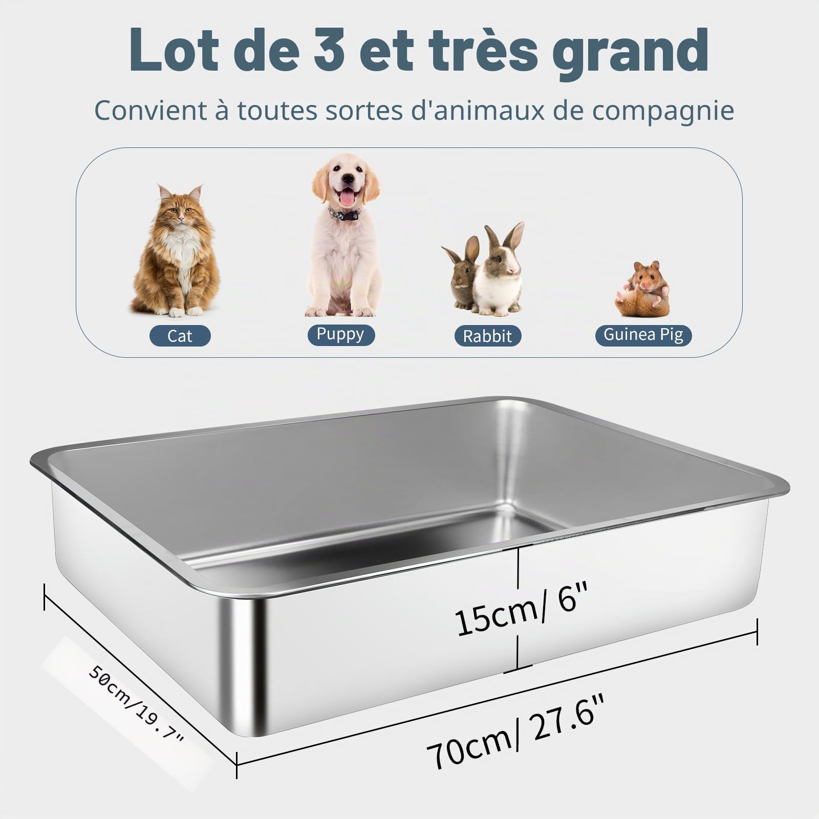 Bac à litière pour Chats en Acier Inoxydable, Lot de 3, 70 x 50 x 15 cm, bac à litière Extra Large en Acier Inoxydable, étanche, antiadhésif et inodore