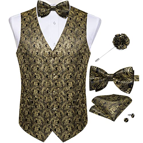 Image of DiBanGu Mens Paisley Suit Waistcoat,Silk Dress Vest and Bowtie Pocket Square Cufflinks with Lapel Pin Set for Wedding Tuxedo