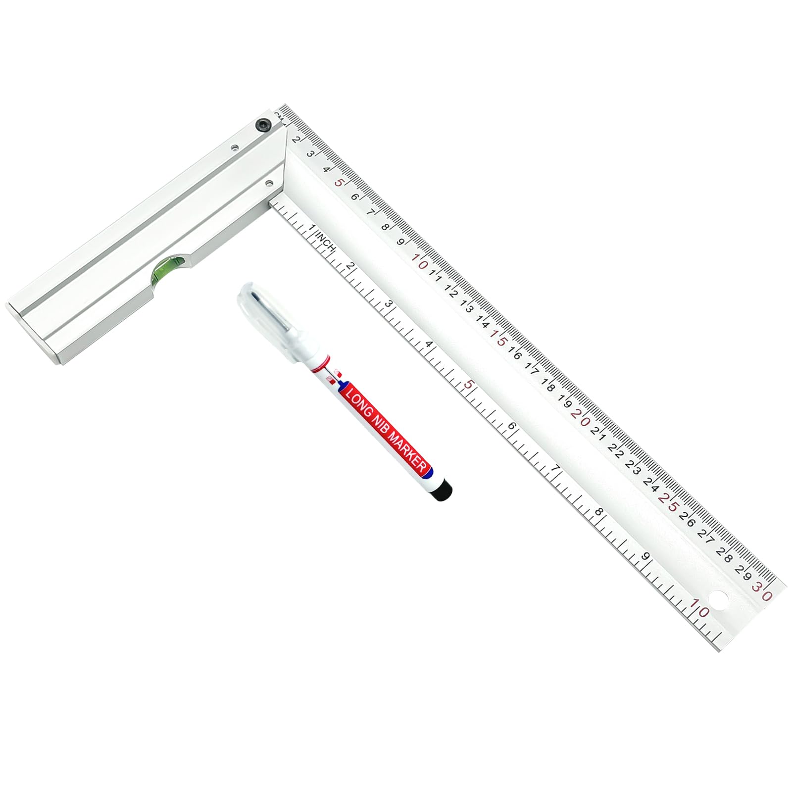 Escuadra Carpintero 300 mm, Metalicas Carpintero con Nivel de Burbuja, Escuadra Precision aleación de aluminio Regla Cuadrada Ángulo Recto Regla en Forma de L con rotulador