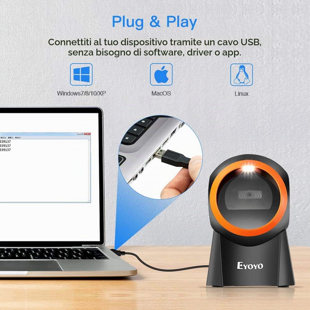 Eyoyo 1D 2D QR Scanner di codici a barre desktop con grande finestra di scansione, lettore di codici a barre a mani libere Scanner con piattaforma di scansione dello schermo QR per magazzino, PC