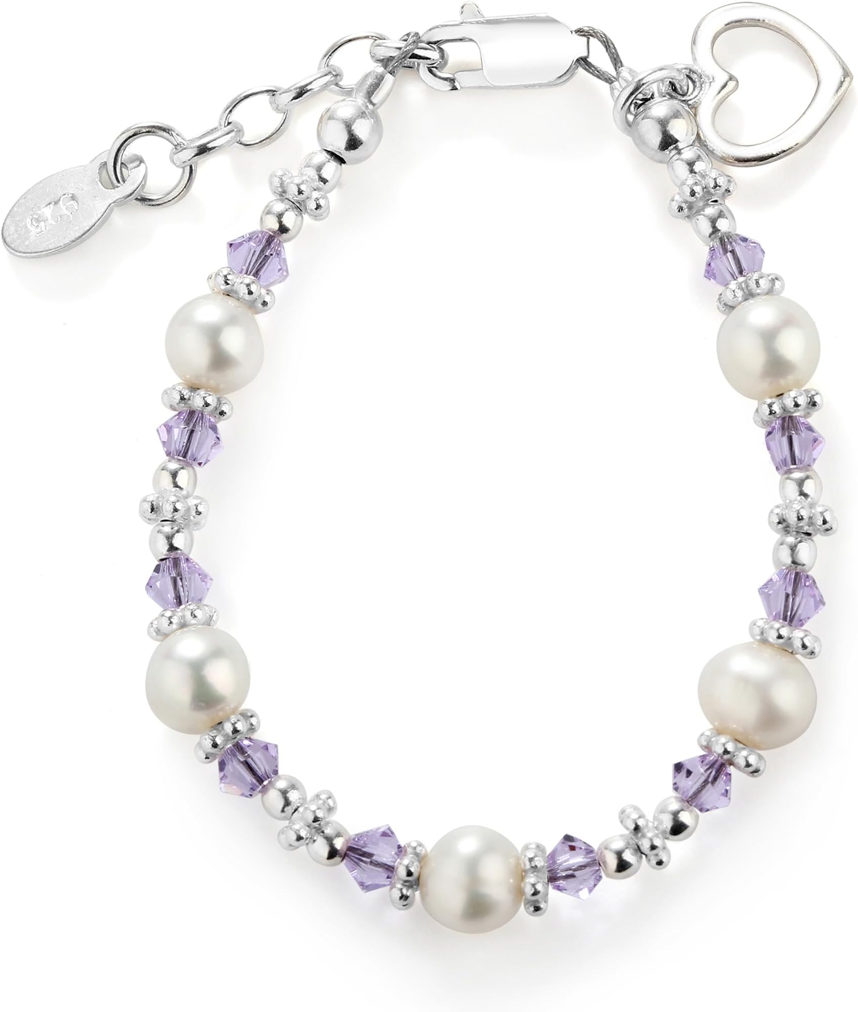 Girls 925 Sterling Silver Cultured Pearl Bracelet with Lavender Crystals and Heart Charm