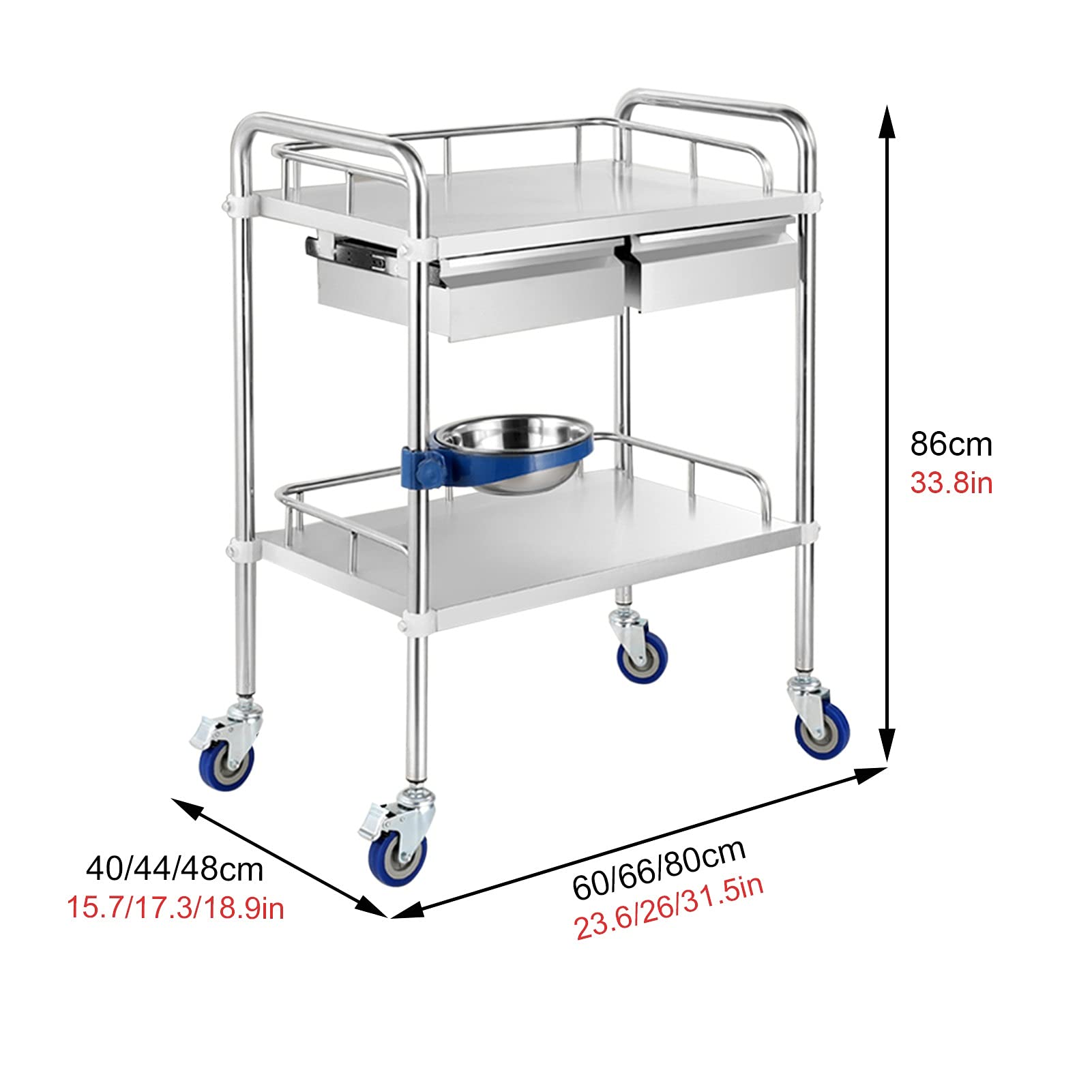 Carrello di servizio in acciaio inox, carrello di servizio con ruote, 2 ripiani staccabili con cassetto, carrello di servizio, carrello di stoccaggio, con ruote blocc,B-60*40*86Cm(23.6*15.7*33.8In)