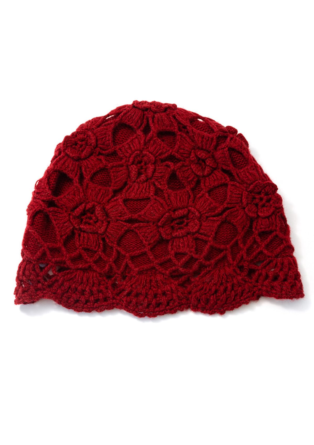 YUONNY Handgemachte Gehäkelte Beanie Mütze für Frauen Mädchen, 100% Kaschmir Doppellagige Ausgehöhlte Gestrickt Blumenmütze, Damen Weiche Warme Strickmütze, Mode Leichte Herbst Winter Hut Mütze Red F