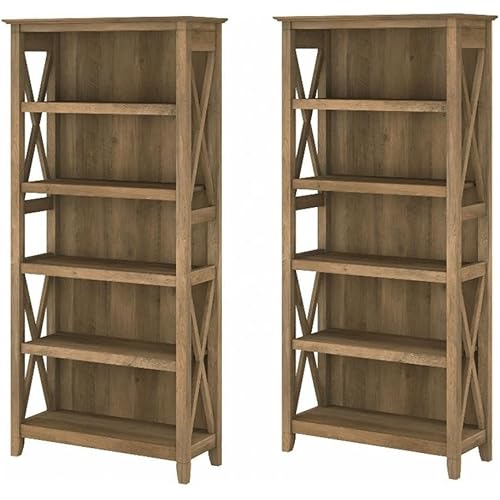 Bush Home Key West 5 Shelf Bookcase - Set of 2 | Tall Bookshelves in Reclaimed Pine | Sturdy Display Shelves for Library, Living Room, and Home Office