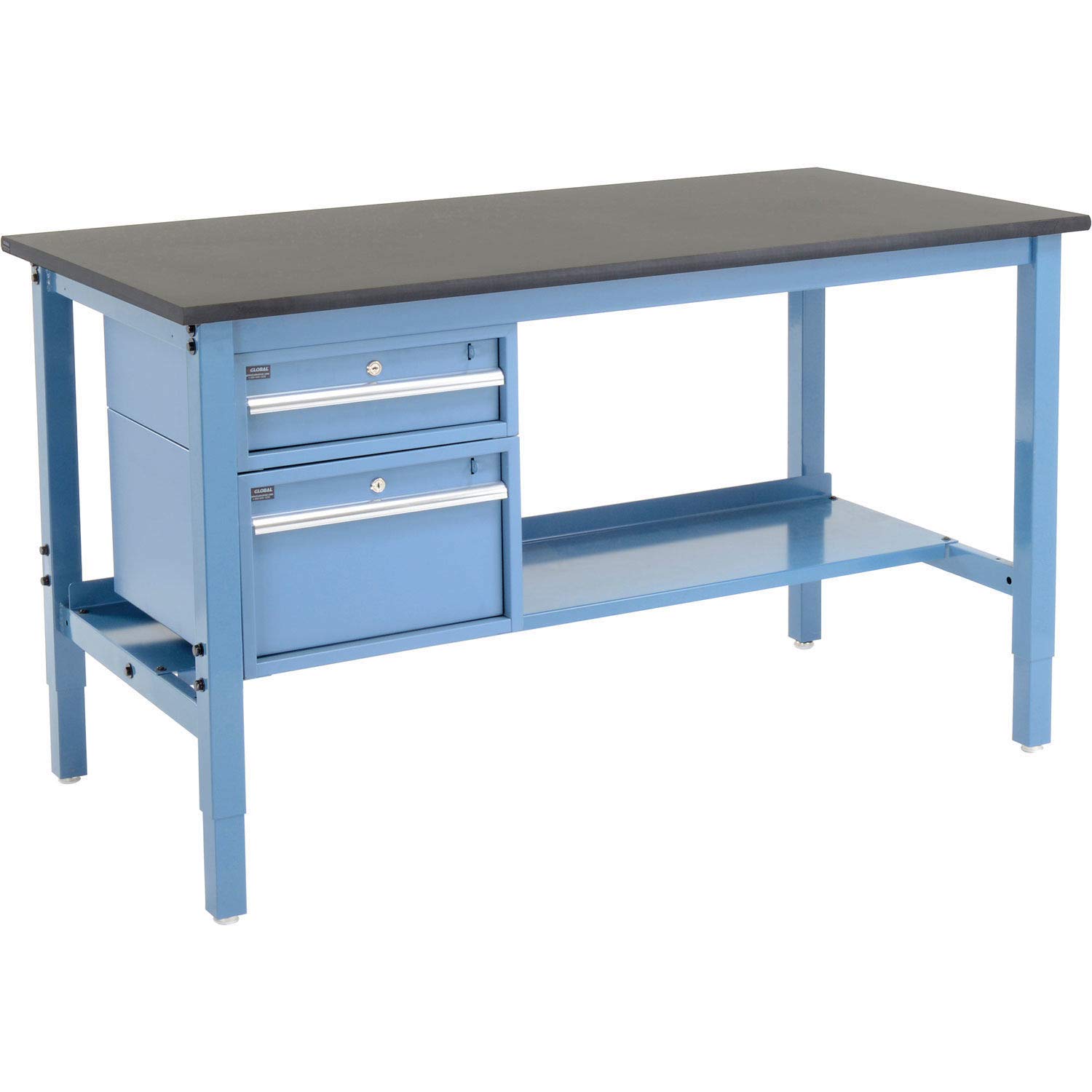 Global Industrial 72"W x 30"D Workbench, 1" Thick Phenolic Resin Safety Edge with Drawers & Shelf, Blue