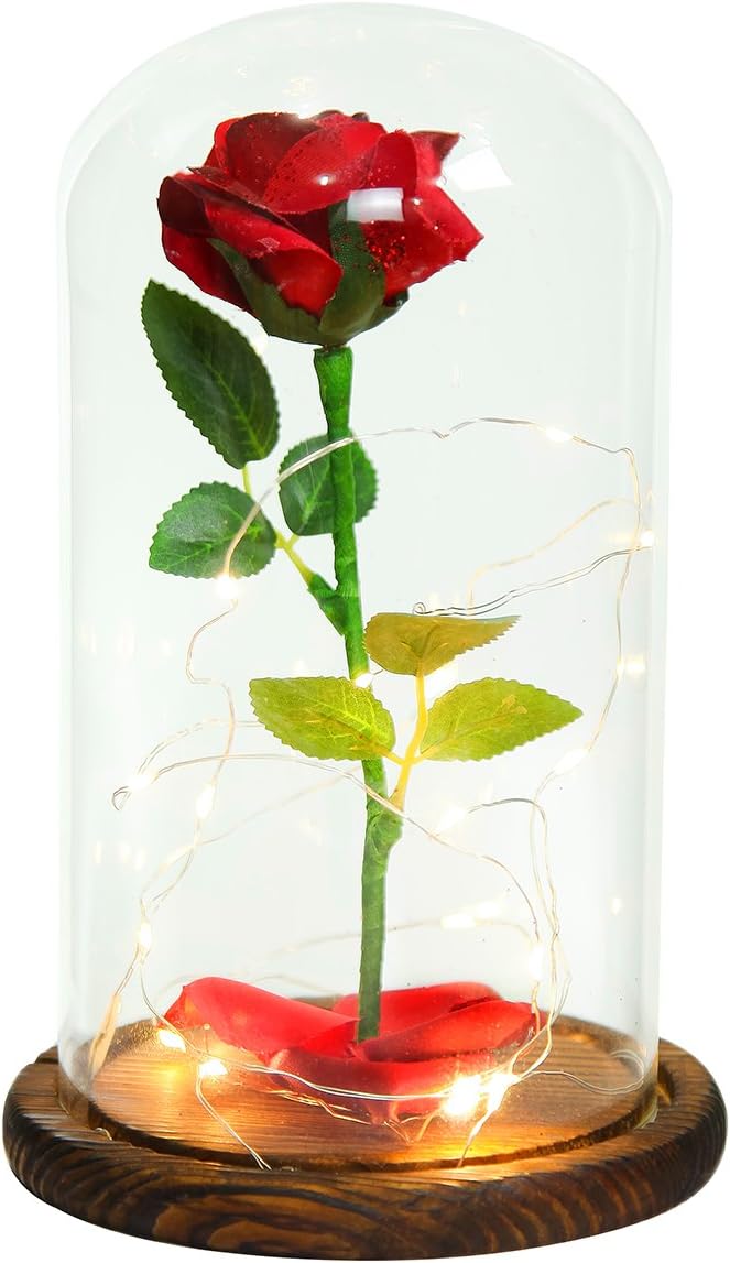 Beauty and The Beast Everlasting Red Rose Flower Led Light with Fallen Petals in a Glass Dome on a Wooden Base