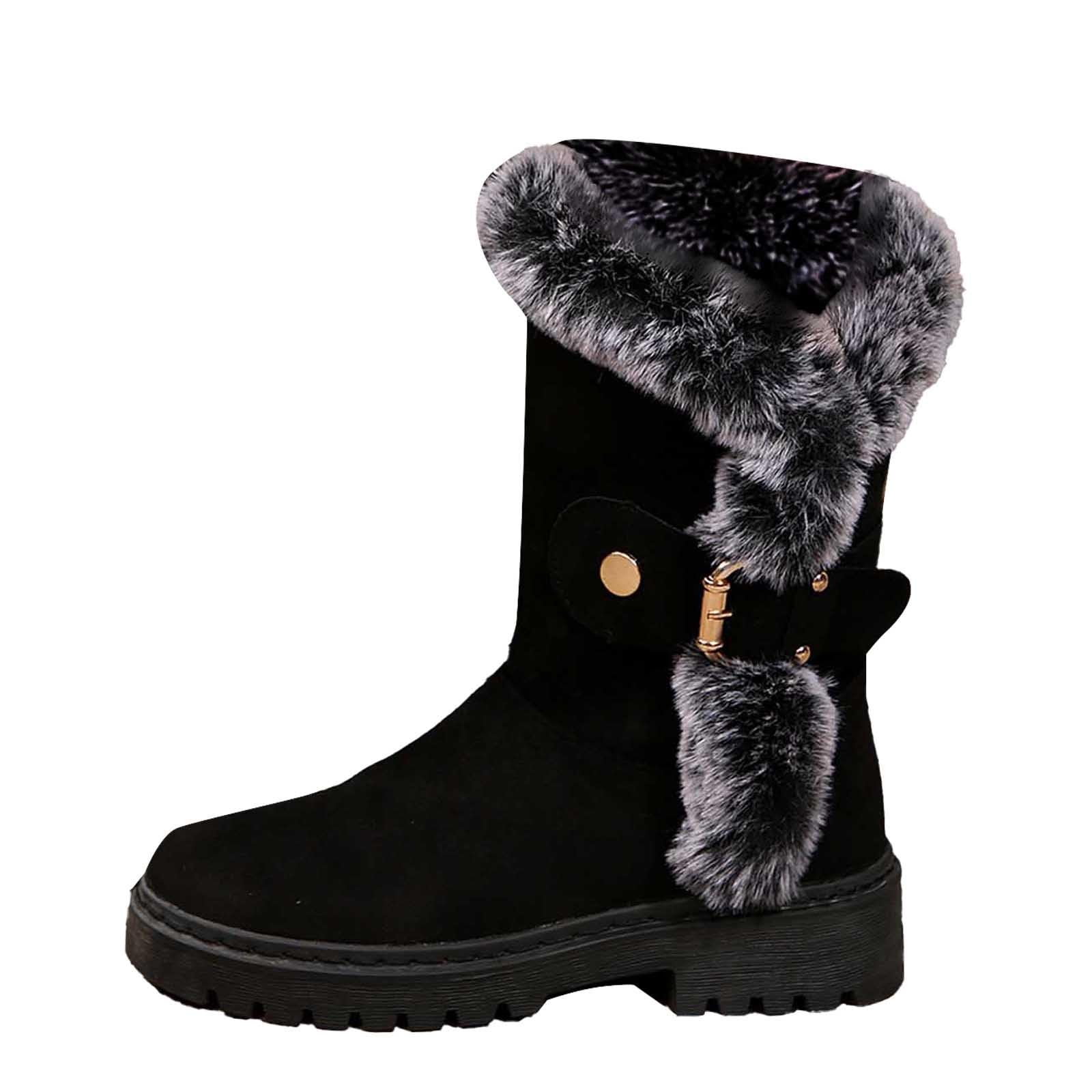 Fuzzy Winter Boots for Women Workout Slip On Mid Calf Boots Fur Lined Drawstring Shoes Comfy Booties Athletic
