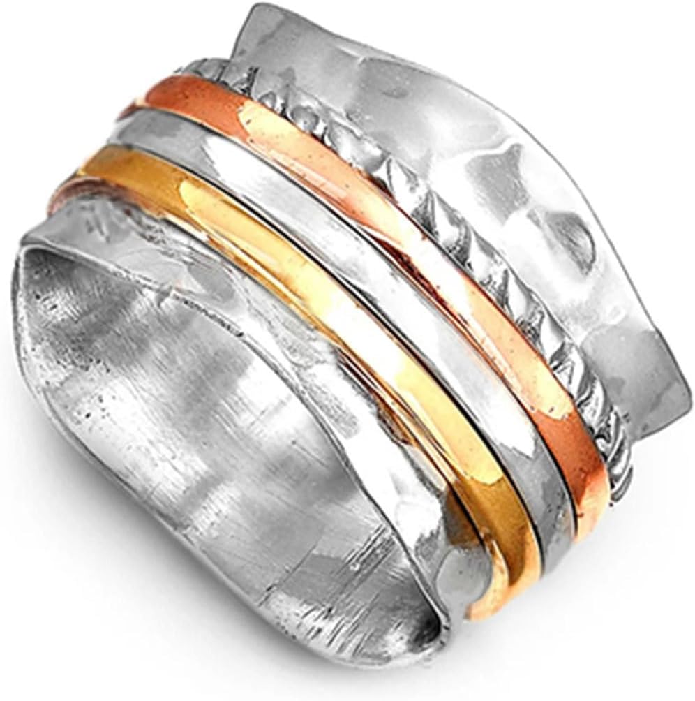 Bohemian Three Tone Wide Band Ring for Women – Gold Plated Alloy Vintage Design, Statement Jewelry Gift for Her, Birthday Present for Wife, Best Friend or Sister