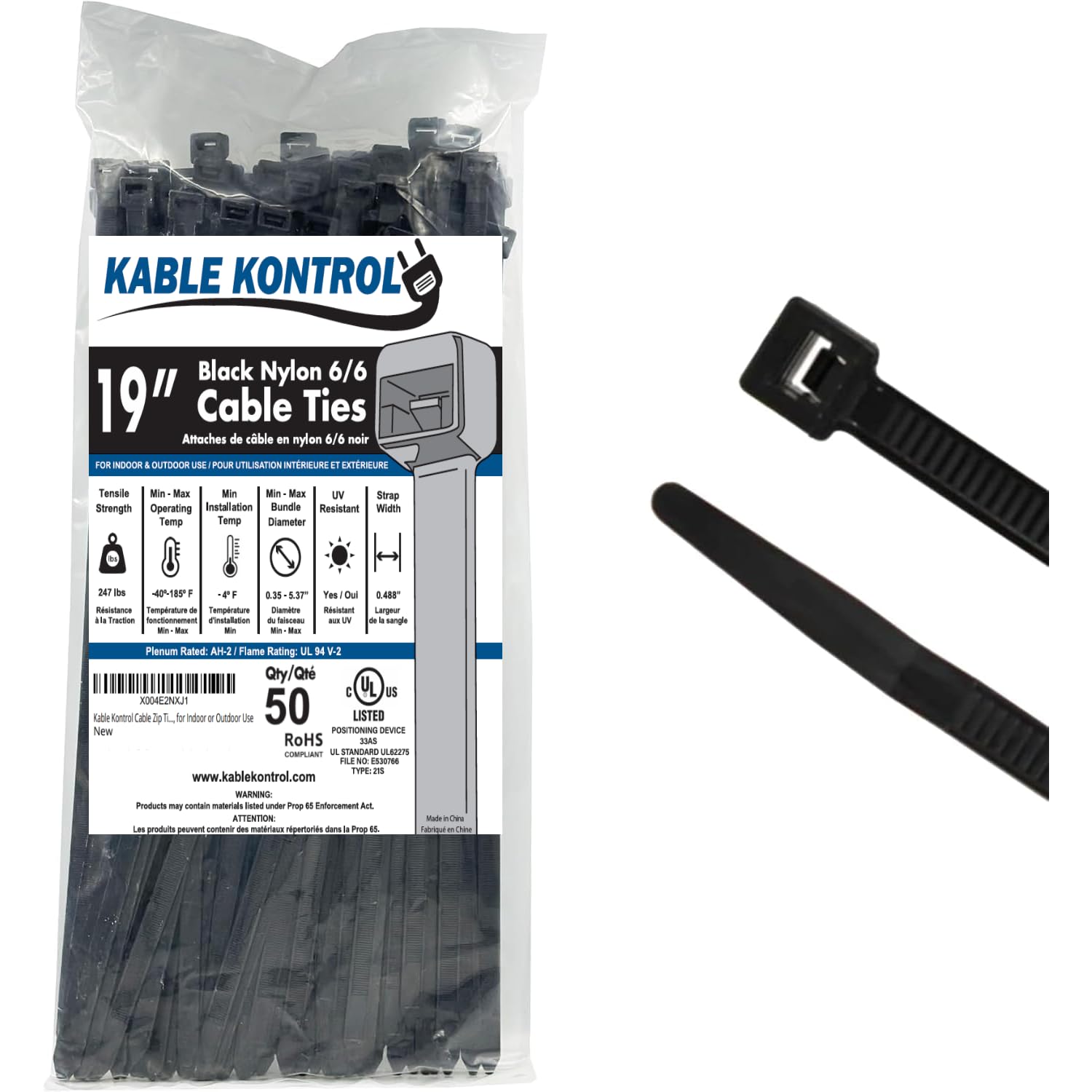 Kable Kontrol Kabelbinder, 480 mm x 12,4 mm, 50 Stück, Schwarz