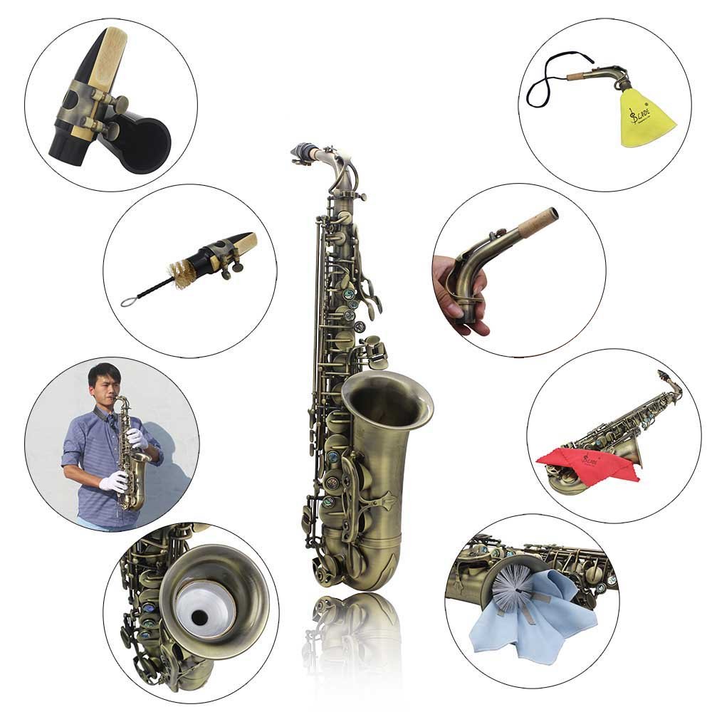 Btuty Eb E-flat Sax Alta Qualità Finitura Antica Curva Sassofono Contralto Abalone Shell Chiave Intaglio Modello con Custodia Guanti Panno Panno di Pulizia Cinghie Spazzola