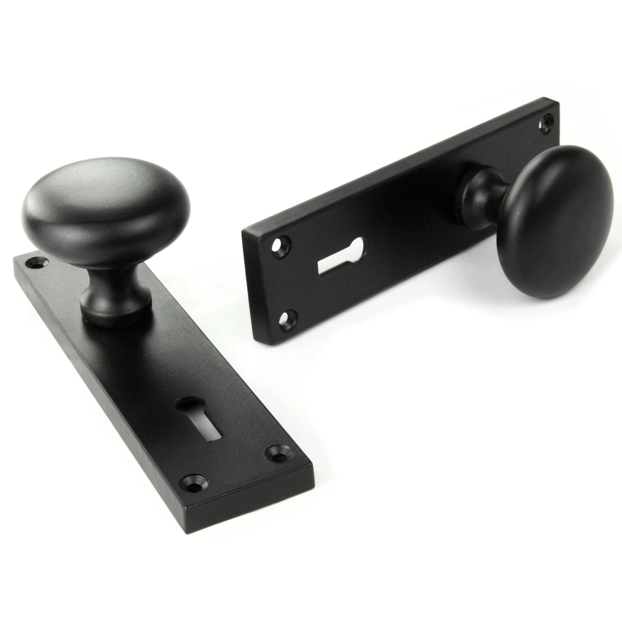 Underground Parts Black Jones & Grey New York Style Round Door Knobs Handles On A Long Lock Backplate With Keyhole Satin