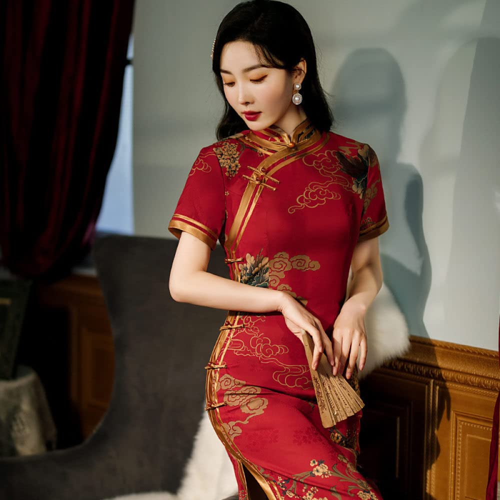 Abito Cinese da Donna - Elegante Abito da Sposa Floreale con Stampa Floreale da Sposa Orientale in Raso con Collo alla Coreana da Sera Qipao Oversize A Maniche Lunghe Cheongsam