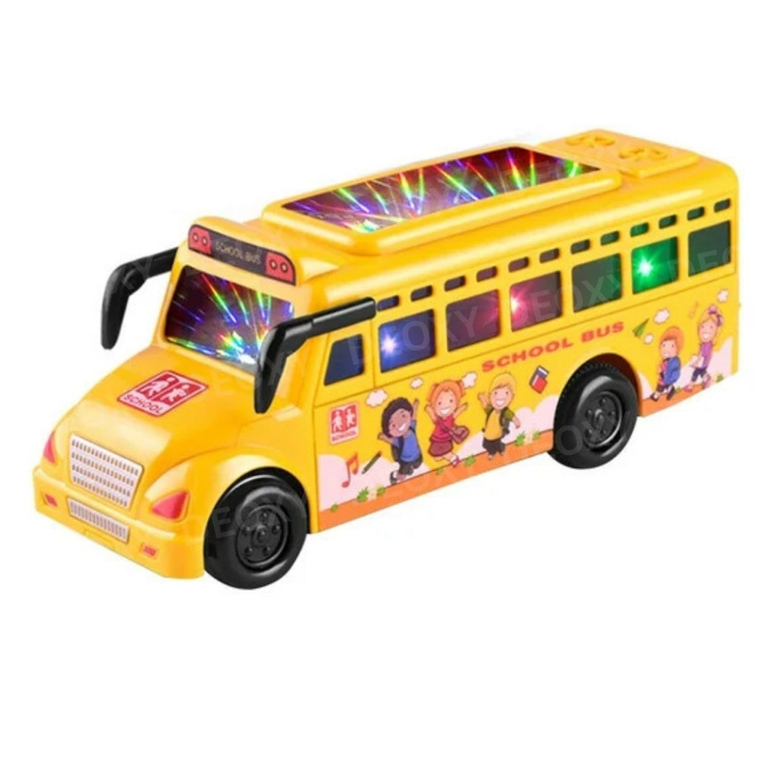 DEOXY School Bus Toy for Kids, Cool Lighting & Soft Music and Openable Doors with 360° Rotating Wheels Movement, Cartoon Style Bus Toy Gift for Kids (Yellow)-image-6