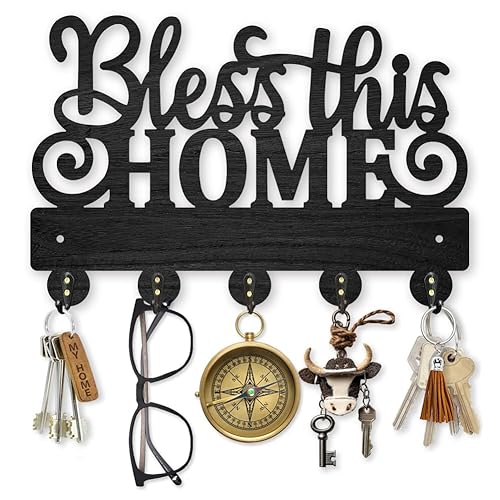 MAYJOYDIY "Bless This Home Wooden Key Hook Blessing Sign Coat