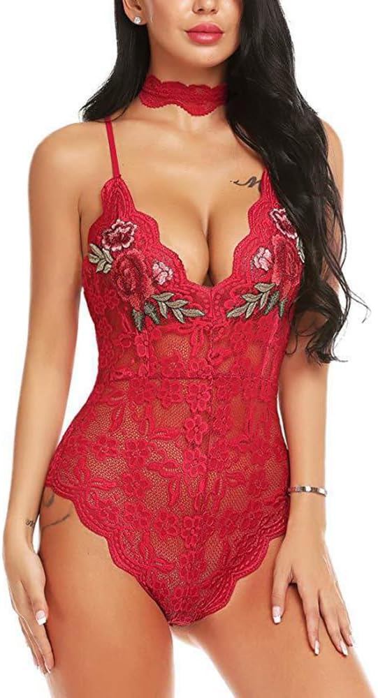 Sexy Lingerie Lace Bodysuit One Piece Nightwear Sleepwear Deep V Embroidered See-through Temptation Erotic Lingerie for Women