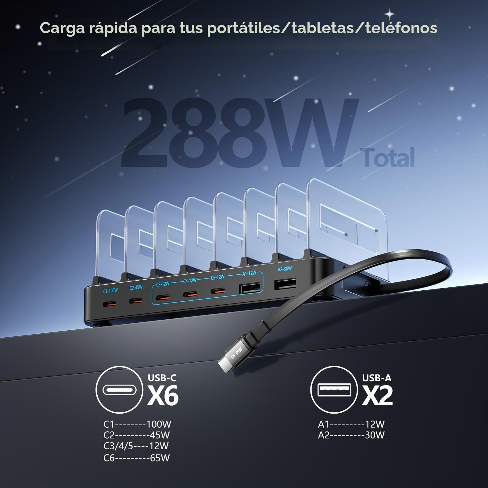 Estación de Carga USB de 288W para Varios Dispositivos, GAN PD 100W, con 8 Puertos USB-C, separadores Ajustables y 8 Cables, para iPhone, iPad, Samsung, MacBook Pro/Air y Tabletas