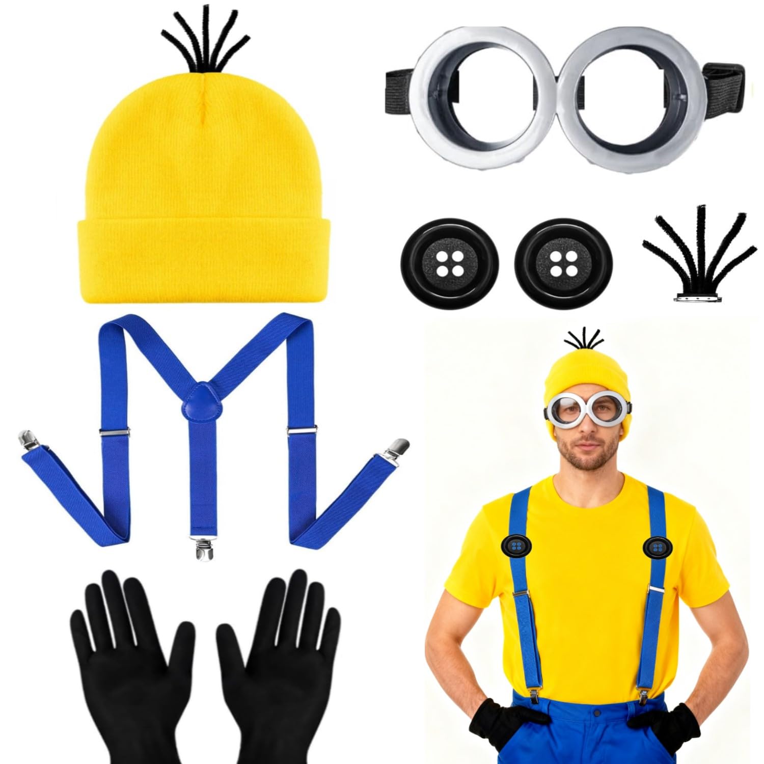 Humairc Costume Giallo Kit Occhiali Costume Carnevale/Halloween/Cosplay/Danza/Festa Carnevale Halloween Accessori Donna Uomo Ragazzi Ragazze - Occhiali Cappello Giallo Guanti Neri Calzini Bretelle