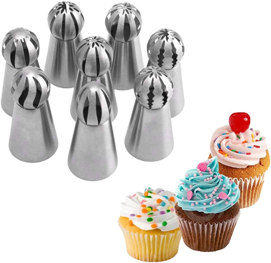 Hofumix Russian Piping Tips Cake Decorating Kit Baking Tools Icing Piping Tips Set Stainless Steel Ball Tips Baking Supplies for DIY Buttercream Cake Fondant Cupcake Decorating 8Pcs