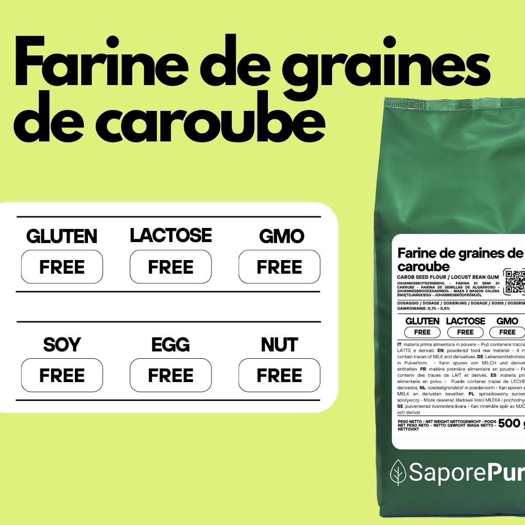 Saporepuro Farine de Graines de Caroube 500 g – SANS GLUTEN – Épaississant et gélifiant naturel 100% pur – Idéale pour Glaces, Sorbets, Desserts et Sauces