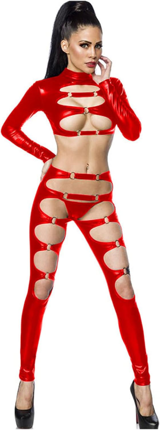 Hollow Out Women Glitter Clubwear Long Sleeve Open Chest Top Slim Leggings Stripper Nightclub Wear,Red,XXXL