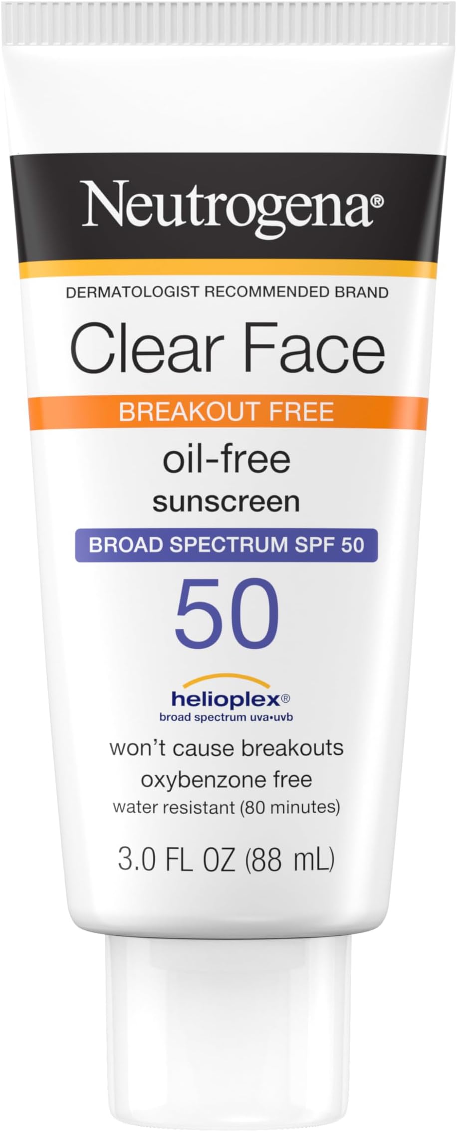 Clear Face Liquid Lotion Sunscreen for Acne-Prone Skin, Broad Spectrum SPF 50 UVA/UVB Protection, Oil-, Fragrance- & Oxybenzone-Free Facial Sunscreen, Non-Comedogenic, 88ml (Pack of 1)