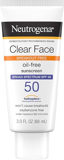 Neutrogena Clear Face Liquid Lotion Sunscreen for Acne-Prone Skin, Broad Spectrum SPF 50 UVA/UVB Protection, Oil-, Fragran