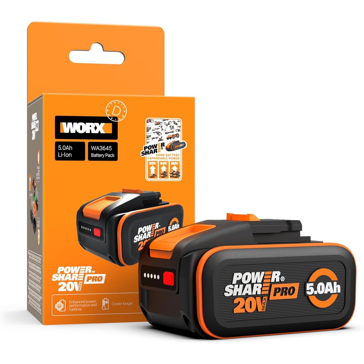 Worx WA3645 Batteria PowerShare Pro da 20 V – 5,0 Ah agli ioni di litio ricaricabile, maggiore sicurezza e durata – con indicatore LED e innovativa tecnologia Heatshield