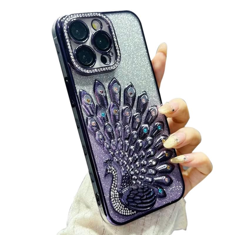 Image of mobistyle Case for iPhone 15 Pro,3D Diamond Luxury Electroplate Glitter Peacock Tail Bling Design Camera Protection Shockproof Phone Case for (Purple, iPhone 15 Pro)